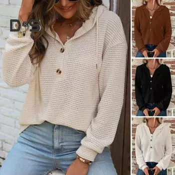 Женский осенне-зимний топ с капюшоном, свободная толстовка с капюшоном на пуговицах и завязками, однотонный пуловер с длинными рукавами, свободная повседневная спортивная блузка S