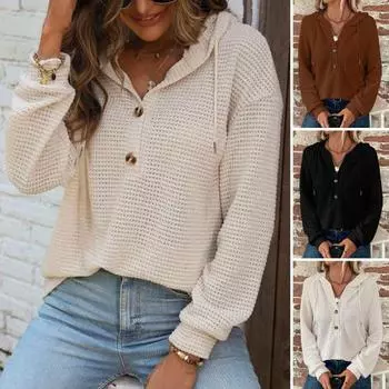 Женский осенне-зимний топ с капюшоном, свободная толстовка с капюшоном на пуговицах и завязками, однотонный пуловер с длинными рукавами, свободная повседневная спортивная блузка S