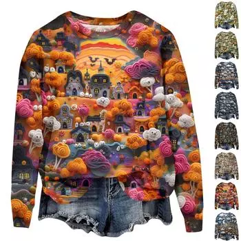 Женский осенне-зимний топ с круглым вырезом и длинными рукавами, милый свитер-пуловер с принтом 3D на тему Хэллоуина XXXL синий