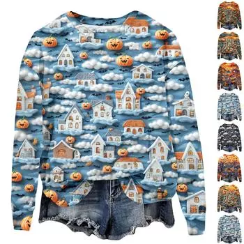 Женский осенне-зимний топ с круглым вырезом и длинными рукавами, милый свитер-пуловер с принтом 3D на тему Хэллоуина XXL