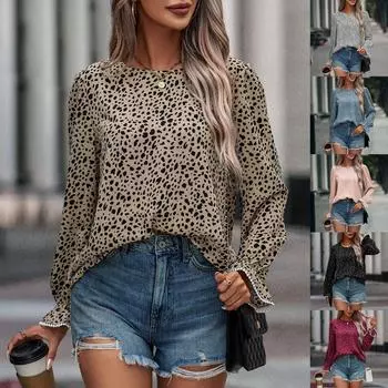 Женский осенне-зимний топ с круглым вырезом и длинными рукавами в горошек L белый