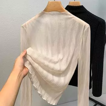 Женский осенне-зимний топ с полувысоким воротом, прозрачный, прессованный, с плиссировкой, тонкий срез из дерева, с ушками S абрикосовый