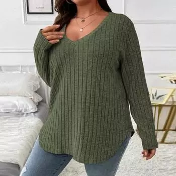 Женский осенне-зимний топ с v-образным вырезом и длинными рукавами, свободный пуловер размера плюс, вязаный неровный подол, мягкая теплая повседневная женская блузка 2XL