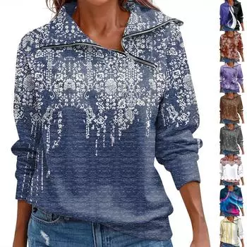 Женский осенне-зимний топ с застежкой-молнией, повседневный топ с длинными рукавами и цветочным принтом в стиле ретро XL синий