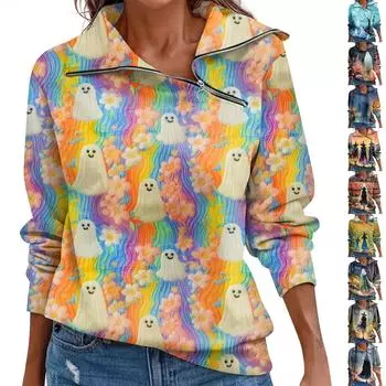 Женский осенне-зимний топ с застежкой-молнией, повседневный топ с длинными рукавами для Хэллоуина L синий