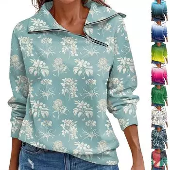 Женский осенне-зимний топ с застежкой-молнией, повседневный градиентный цвет, ретро-цветочный принт, длинный рукав L бежевый