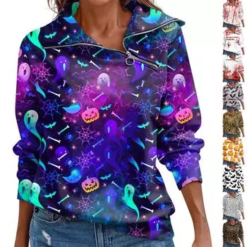 Женский осенне-зимний топ с застежкой-молнией, повседневный топ с длинными рукавами для Хэллоуина S тёмно-синий