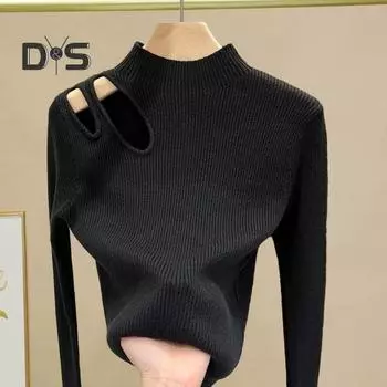 Женский осенне-зимний топ, толстый трикотажный полувысокий воротник, длинный рукав, облегающий крой, однотонный, ажурный, эластичный пуловер, мягкий, теплый, один размер, женский свитер розы красного