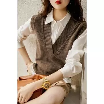Женский осенне-зимний трикотаж, новинка 2024 года, корейский стиль, жилет с v-образным вырезом и жилет, топы, темпераментные многослойные свитера для женщин One size