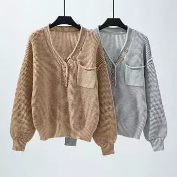 Женский осенне-зимний трикотаж, свободный свитер с V-образным вырезом и пуговицами, однотонный свитер S серый