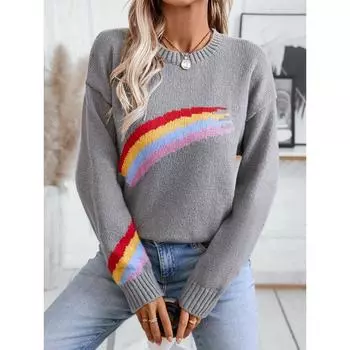Женский осенне-зимний трикотаж в радужную полоску, свободный свитер-пуловер S серый
