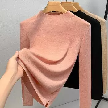 Женский осенне-зимний трикотажный джемпер с полувысоким воротом, теплый топ с внутренней талией S розовый