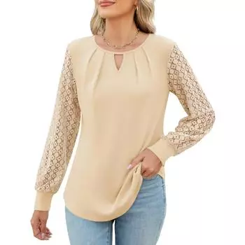 Женский осенне-зимний трикотажный кружевной топ с длинным рукавом и круглым вырезом S абрикосовый