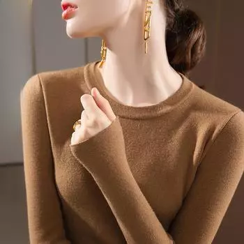 Женский осенне-зимний трикотажный низ однотонный круглый вырез пуловер с подкладкой теплые внутренние топы S темно-коричневого