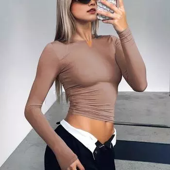 Женский осенне-зимний трикотажный облегающий повседневный однотонный топ с длинными рукавами XS хаки