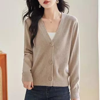 Женский осенне-зимний трикотажный однотонный топ с длинными рукавами one size хаки