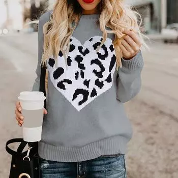 Женский осенне-зимний трикотажный свитер с круглым вырезом и леопардовым принтом Love Sweater S серый
