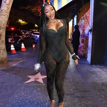 Женский осенне-зимний U-образный вырез с длинным рукавом сексуальное кружевное боди XS чёрный