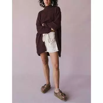 Женский осенне-зимний уличный свитер средней длины с разрезом и однотонным узором S чёрный