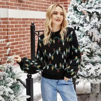 Женский осенне-зимний уродливый рождественский вязаный свитер, пуловер с теплым узором и круглым вырезом, черный SML XL S чёрный