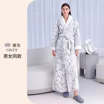 Женский осенне-зимний утепленный двухслойный халат из мягкого жаккардового хлопкового флиса, длинный халат на шнуровке для дома M
