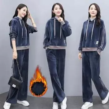 Женский осенне-зимний утепленный костюм с высоким воротником и капюшоном, комплект из двух предметов + широкие брюки 3XL чёрный