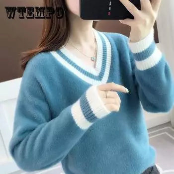 Женский осенне-зимний утолщенный пуловер из искусственного норкового бархата, женский короткий свободный свитер с v-образным вырезом и длинными рукавами XXXL жёлтый