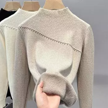 Женский осенне-зимний утолщенный трикотажный свитер с полуворотом, цельная флисовая блузка, теплый топ с добавлением флиса S абрикосовый