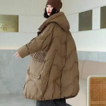 Женский осенне-зимний утолщенный высококачественный пуховик, женское свободное однотонное пальто средней длины с большим капюшоном S кофейный