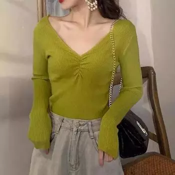 Женский осенне-зимний утягивающий топ с v-образным вырезом S желто-зеленый