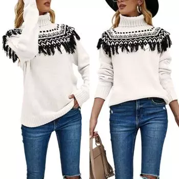 Женский осенне-зимний винтажный вязаный пуловер с кисточками и высоким воротом, большой размер S чёрный