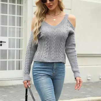 Женский осенне-зимний витой свитер без бретелек с V-образным вырезом и длинными рукавами S абрикосовый