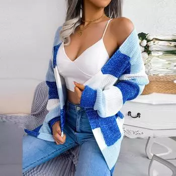 Женский осенне-зимний вязаный кардиган с контрастными полосками и рукавами-фонариками S чёрный