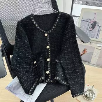 Женский осенне-зимний вязаный кардиган с круглым вырезом и карманами one size fits all чёрный