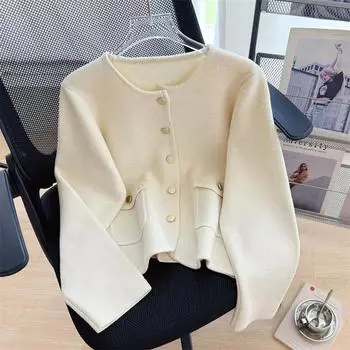 Женский осенне-зимний вязаный кардиган с круглым вырезом и двумя карманами one size fits all чёрный