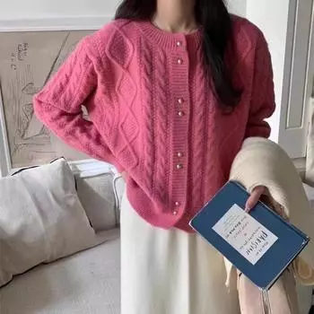 Женский осенне-зимний вязаный кардиган с круглым вырезом и золотыми пуговицами One size розы красного