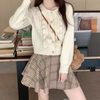 Женский осенне-зимний вязаный кардиган с милыми оборками one size fits all абрикосовый