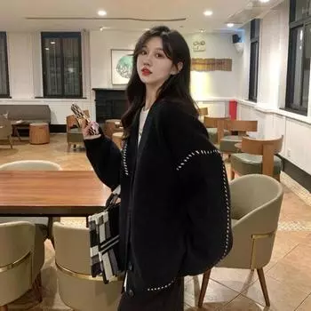 Женский осенне-зимний вязаный кардиган с принтом и v-образным вырезом, кардиган с длинными рукавами, свитер свободного кроя, однобортное вязаное пальто чёрный