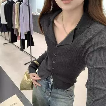 Женский осенне-зимний вязаный кардиган с пуговицами на лацканах в стиле темперамент One Size темно-серого