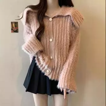 Женский осенне-зимний вязаный кардиган с пуговицами на лацканах one size fits all абрикосовый