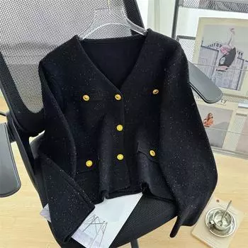 Женский осенне-зимний вязаный кардиган с V-образным вырезом и золотыми пуговицами one size fits all чёрный