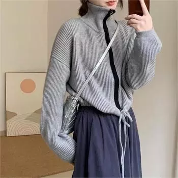 Женский осенне-зимний вязаный кардиган с воротником-стойкой и двойной молнией, свитер на шнурке one size fits all