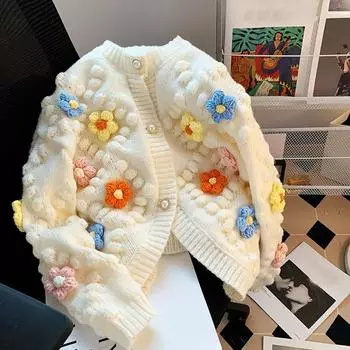 Женский осенне-зимний вязаный кардиган с вышивкой цветов, модный свитер с длинными рукавами контрастного цвета one size fits all розовый