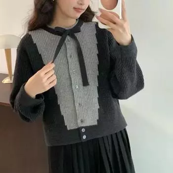 Женский осенне-зимний вязаный кардиган-свитер с цветными бантами в стиле ретро average size черный серый