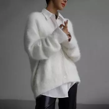 Женский осенне-зимний вязаный кардиган, свободный свитер с длинным рукавом и V-образным вырезом S белый