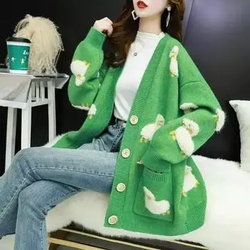 Женский осенне-зимний вязаный кардиган, свободный уличный вязаный свитер, пальто, милый свитер с v-образным вырезом и мультяшным принтом, куртка S розы красного