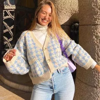 Женский осенне-зимний вязаный кардиган в клетку чиби с V-образным вырезом, повседневный свитер S синий