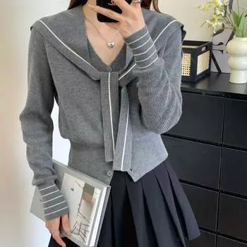 Женский осенне-зимний вязаный кардиган в полоску со шнуровкой one size fits all чёрный