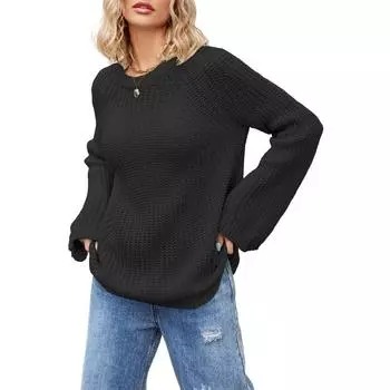 Женский осенне-зимний вязаный повседневный свитер с круглым вырезом и расклешенными рукавами S синий