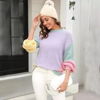 Женский осенне-зимний вязаный пуловер с круглым вырезом в стиле пэчворк, джемпер S белый